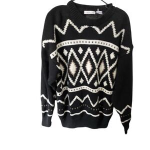 Vintage 90s Claiborne Men's XL Black Geometric Knit Sweater Pullover
